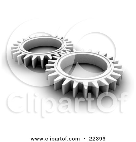 Clipart Illustration of Two Slim Ssilver Cog Gears Working Together by KJ Pargeter