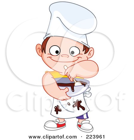 Royalty-Free (RF) Clipart Illustration of a Cute Messy Chef Boy Mixing Chocolate In A Bowl by yayayoyo