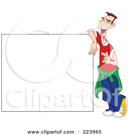 Royalty-Free (RF) Clipart Illustration of a Young Caucasian Man Gesturing And Leaning Against A Blank Sign Board by yayayoyo
