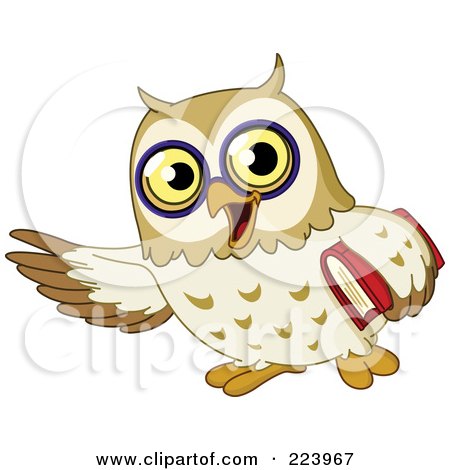 Royalty-Free (RF) Clipart Illustration of a School Owl Gesturing With One Wing And Carrying A Book by yayayoyo