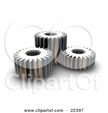 Clipart Illustration of Three Different Sized Chrome Gears Spinning Together by KJ Pargeter
