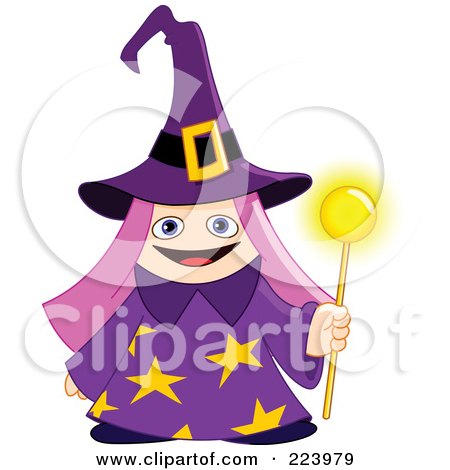 Royalty-Free (RF) Clipart Illustration of a Cute Pink Haired Wizard Girl In A Purple Hat And Cloak, Holding A Magic Wand by yayayoyo