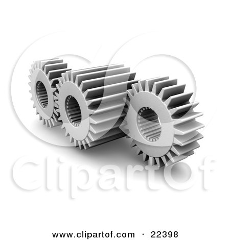 Clipart Illustration of a Smaller Chrome Cog In The Rivets Of A Larger Gear Spinning With Another On The Other Side by KJ Pargeter