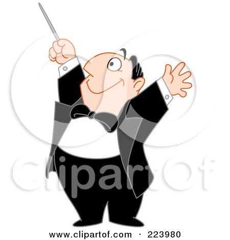 Royalty-Free (RF) Clipart Illustration of a Happy Chubby Music Composer Man Holding His Arms And Baton Up by yayayoyo