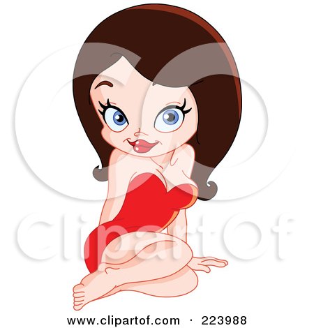 Royalty-Free (RF) Clipart Illustration of a Sexy Brunette Pinup Woman Sitting On The Floor In A Red Dress by yayayoyo