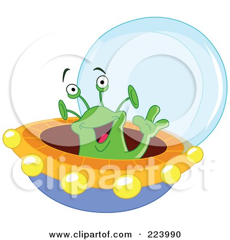 Royalty-Free (RF) Clipart Illustration of a Cute Green Alien Waving And Flying A Saucer by yayayoyo