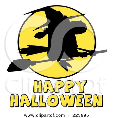 Royalty-Free (RF) Clipart Illustration of a Happy Halloween Greeting Under A Silhouetted Flying Witch And Yellow Moon by Hit Toon
