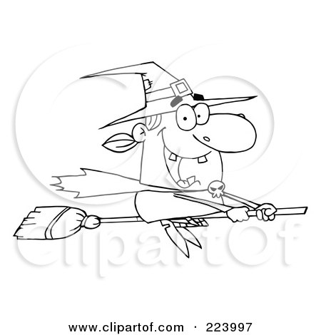 Royalty-Free (RF) Clipart Illustration of a Coloring Page Outline Of A Happy Witch Flying Fast On Her Broomstick by Hit Toon