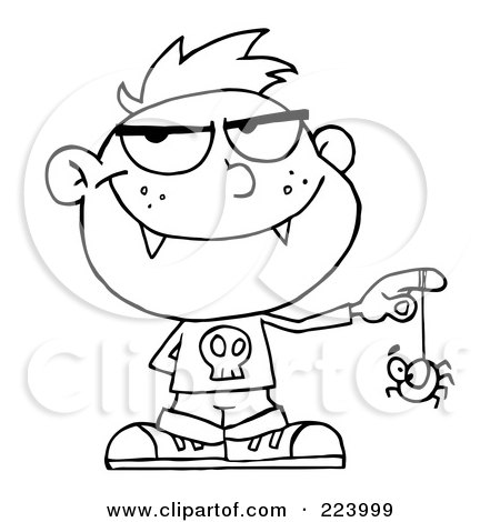 Royalty-Free (RF) Clipart Illustration of a Coloring Page Outline Of A Vampire Kid Playing With A Spider by Hit Toon