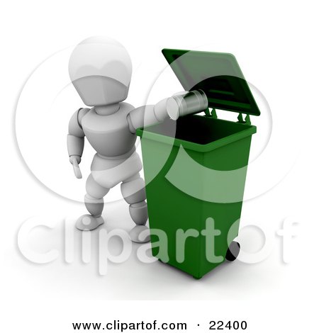 Clipart Illustration of a Responsible White Character Dropping A Tin Can Into A Green Recycle Bin by KJ Pargeter