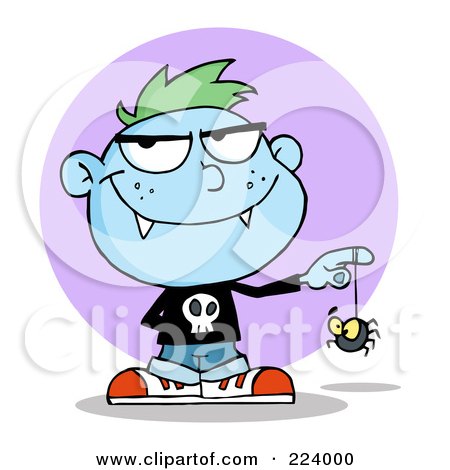 Royalty-Free (RF) Clipart Illustration of a Blue Vampire Boy Playing With A Spider by Hit Toon