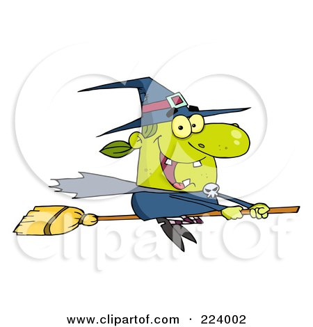 Royalty-Free (RF) Clipart Illustration of a Happy Witch Flying Fast On Her Broomstick by Hit Toon
