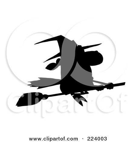 Royalty-Free (RF) Clipart Illustration of a Silhouetted Witch Flying Fast On Her Broomstick by Hit Toon