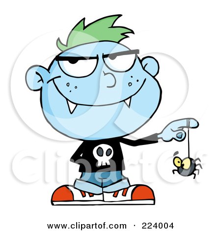 Royalty-Free (RF) Clipart Illustration of a Blue Vampire Kid Playing With A Spider by Hit Toon