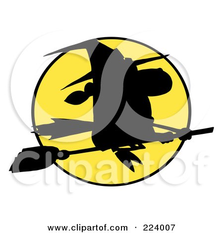 Royalty-Free (RF) Clipart Illustration of a Silhouetted Witch Flying Fast In Front Of A Full Yellow Moon by Hit Toon