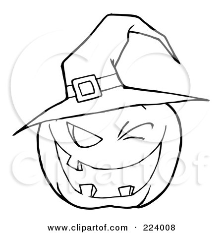 Royalty-Free (RF) Clipart Illustration of a Coloring Page Outline Of A Toothy Jackolantern Pumpkin Winking And Wearing A Witch Hat by Hit Toon