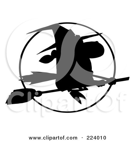 Royalty-Free (RF) Clipart Illustration of a Silhouetted Witch Flying Fast In Front Of A Full Moon by Hit Toon