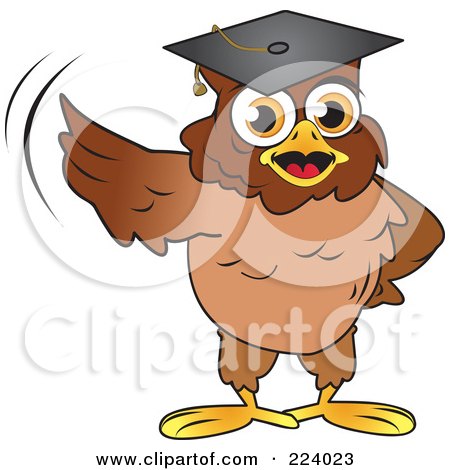 Royalty-Free (RF) Clipart Illustration of a Brown Owl Wearing A Graduation Cap And Presenting With A Wing by Vitmary Rodriguez