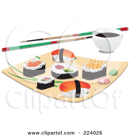 Royalty-Free (RF) Clipart Illustration of Asian Sushi Pieces On A Plate, With Chopsticks And A Dipping Bowl by Vitmary Rodriguez