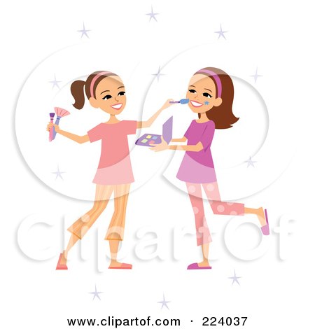 Royalty-Free (RF) Clipart Illustration of Two Playing Girls Applying Makeup by Monica