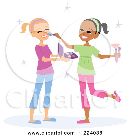 Royalty-Free (RF) Clipart Illustration of a Girl Applying Makeup On Her Friend by Monica