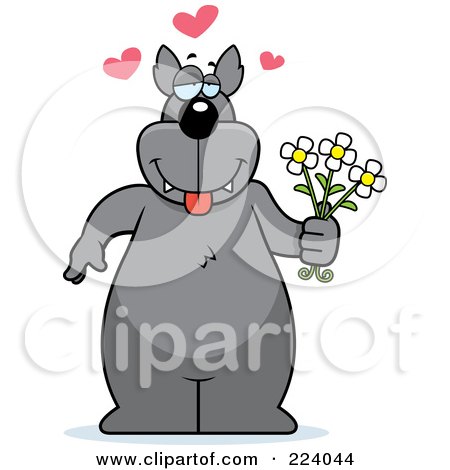 Royalty-Free (RF) Clipart Illustration of a Big Wolf Holding Flowers And Infatuated by Cory Thoman