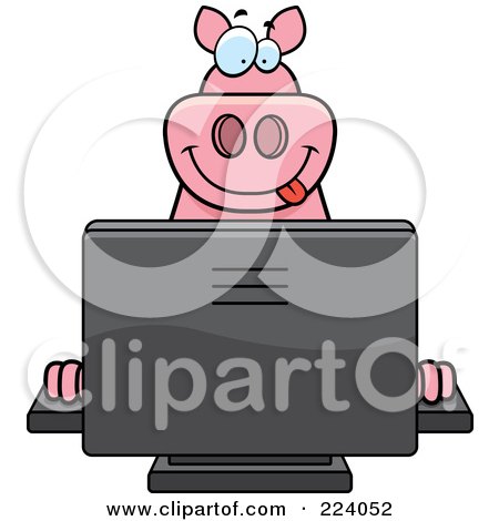 Royalty-Free (RF) Clipart Illustration of a Big Pink Pig Using A Computer by Cory Thoman