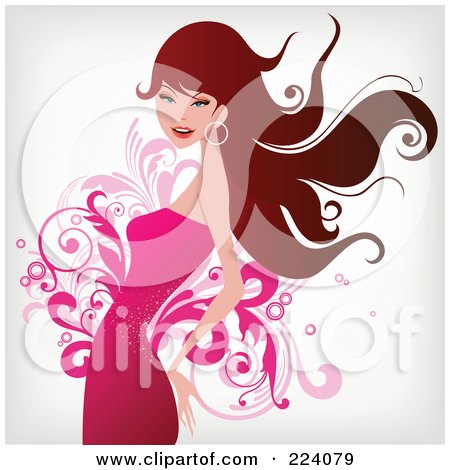 Royalty-Free (RF) Clipart Illustration of a Brunette Woman In A Pink Dress Over Flourishes by OnFocusMedia