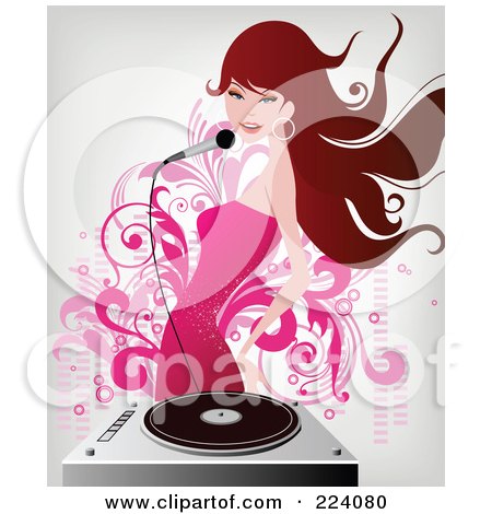 Royalty-Free (RF) Clipart Illustration of a Brunette Woman In A Pink Dress Singing Over A Record Player by OnFocusMedia