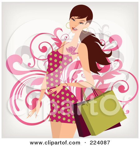 Royalty-Free (RF) Clipart Illustration of a Beautiful Shopping Woman In A Red Polka Dot Dress by OnFocusMedia