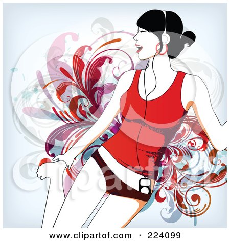Royalty-Free (RF) Clipart Illustration of a Singing Woman Listening To An Mp3 Player by OnFocusMedia