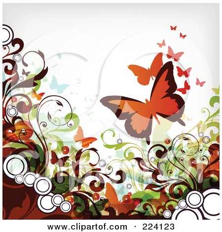 Royalty-Free (RF) Clipart Illustration of a Grungy Flourish And Butterfly Background by OnFocusMedia