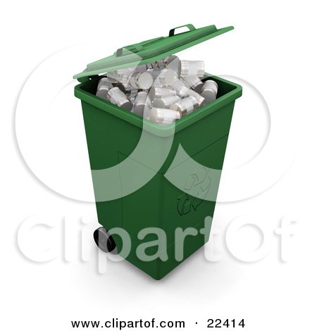 Clipart Illustration of a Green Wheeled Recycle Bin Full Of Aluminum Cans by KJ Pargeter