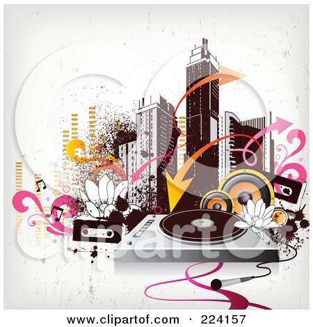 Royalty-Free (RF) Clipart Illustration of a City Skyline With Grunge, Arrows, Speakers, Cassettes And A Record Player by OnFocusMedia
