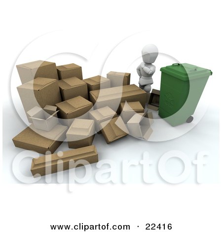 Clipart Illustration of a White Character Surrounded By Cardboard Boxes, Wondering How He's Going To Break Them Down And Fit Them All Into A Green Recycle Bin by KJ Pargeter
