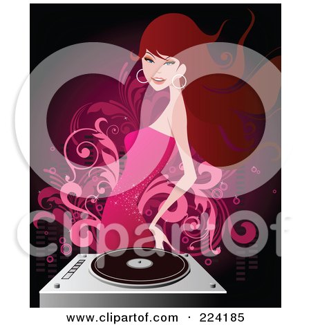 Royalty-Free (RF) Clipart Illustration of a Brunette Woman In A Pink Dress Dancing By A Record Player by OnFocusMedia