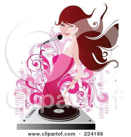 Royalty-Free (RF) Clipart Illustration of a Brunette Woman Singing Over A Record Player by OnFocusMedia