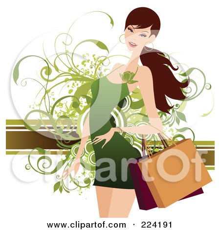 Royalty-Free (RF) Clipart Illustration of a Beautiful Woman Shopping In A Green Dress by OnFocusMedia