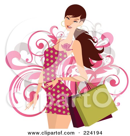 Royalty-Free (RF) Clipart Illustration of a Beautiful Woman In A Red Polka Dot Dress Carrying Shopping Bags by OnFocusMedia