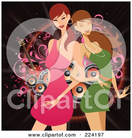 Royalty-Free (RF) Clipart Illustration of Two Beautiful Women Dancing In Front Of Speakers, On Black by OnFocusMedia