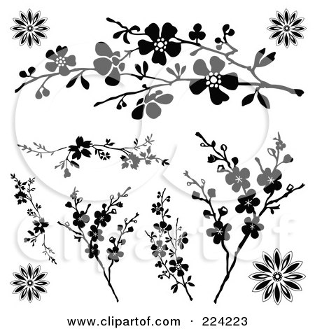 Royalty-Free (RF) Clipart Illustration of a Digital Collage Of Black And White Blossoms And Flowers by BestVector
