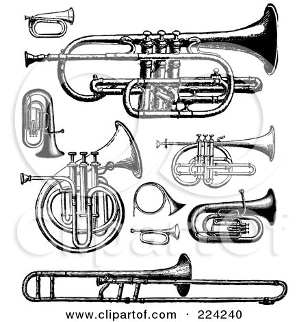 Royalty-Free (RF) Clipart Illustration of a Digital Collage Of Black And White Brass Instruments by BestVector