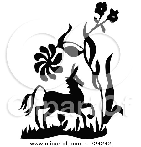 Royalty-Free (RF) Clipart Illustration of a Black And White Horse And Plants by BestVector