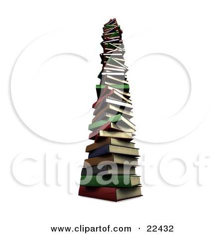Clipart Illustration of a Very Tall Stack Of Colorful Red, Green, Gray, Brown And Blue School Library Books by KJ Pargeter