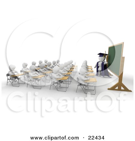 Clipart Illustration of a Full Classroom Of Students Sitting In Their School Desks And Listening To Their Professor As He Stands At A Chalkboard by KJ Pargeter