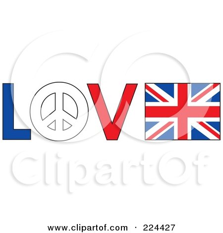 Royalty-Free (RF) Clipart Illustration of The Word Love With A Peace Symbol And British Flag by Maria Bell