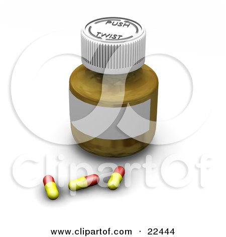 Clipart Illustration of Three Red And Yellow Prescription Capsul Drugs In Front Of A Pill Bottle With A Safety Cap by KJ Pargeter