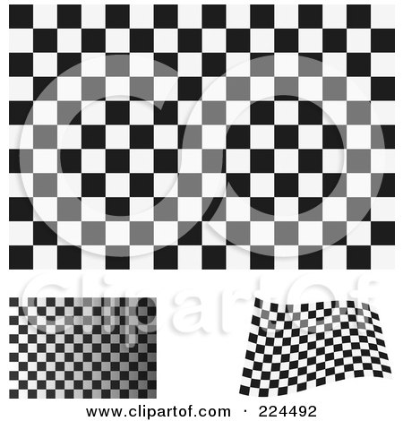 Royalty-Free (RF) Clipart Illustration of a Digital Collage Of Flat, Shaded And Waving Black And White Checkered Flags by michaeltravers