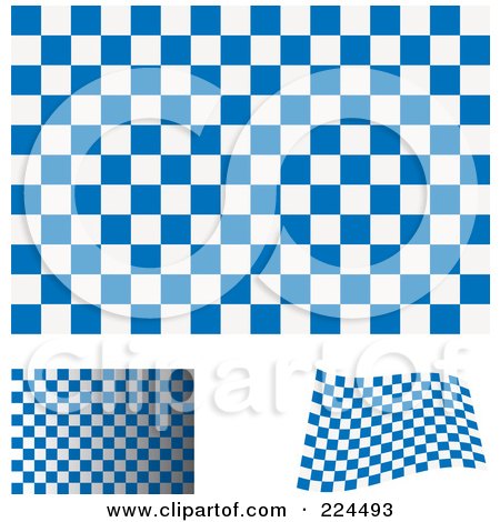 Royalty-Free (RF) Clipart Illustration of a Digital Collage Of Flat, Shaded And Waving Blue And White Checkered Flags by michaeltravers