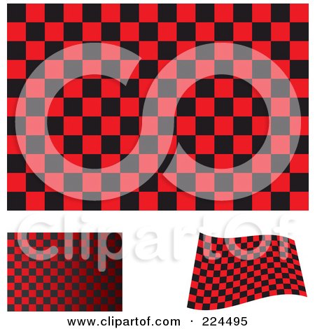 Royalty-Free (RF) Clipart Illustration of a Digital Collage Of Flat, Shaded And Waving Red And Black Checkered Flags by michaeltravers